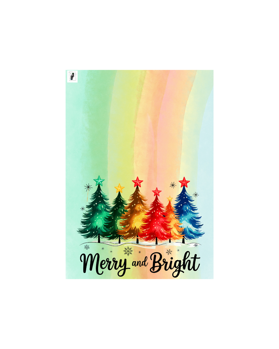 Bunte Weihnachtskarte mit Regenbogen-Tannenbäumen – Fröhliche Weihnachtskarte zum Sofort-Download