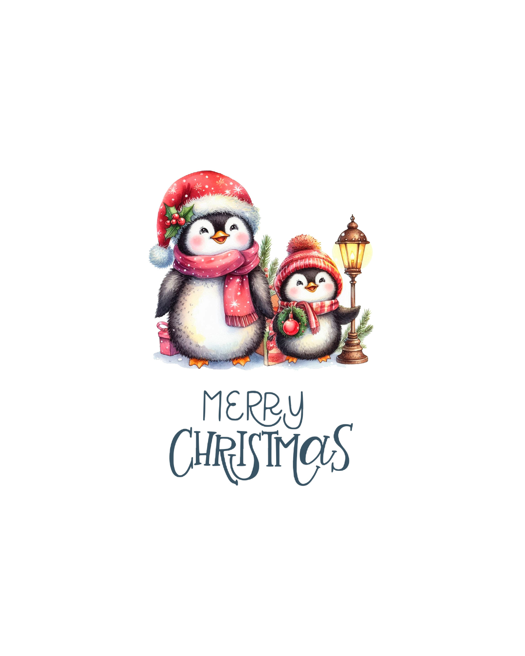 Weihnachtskarte mit zwei Pinguinen – Süße Weihnachtskarte zum Sofort-Download