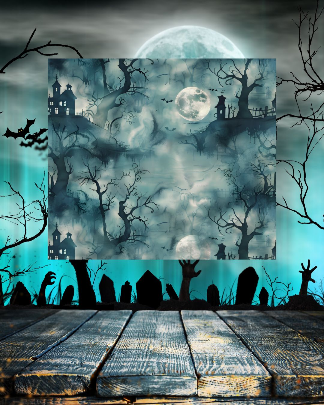 Gruseliges Horrorschloss im Nebel – düstere Kulisse mit kahlen Ästen