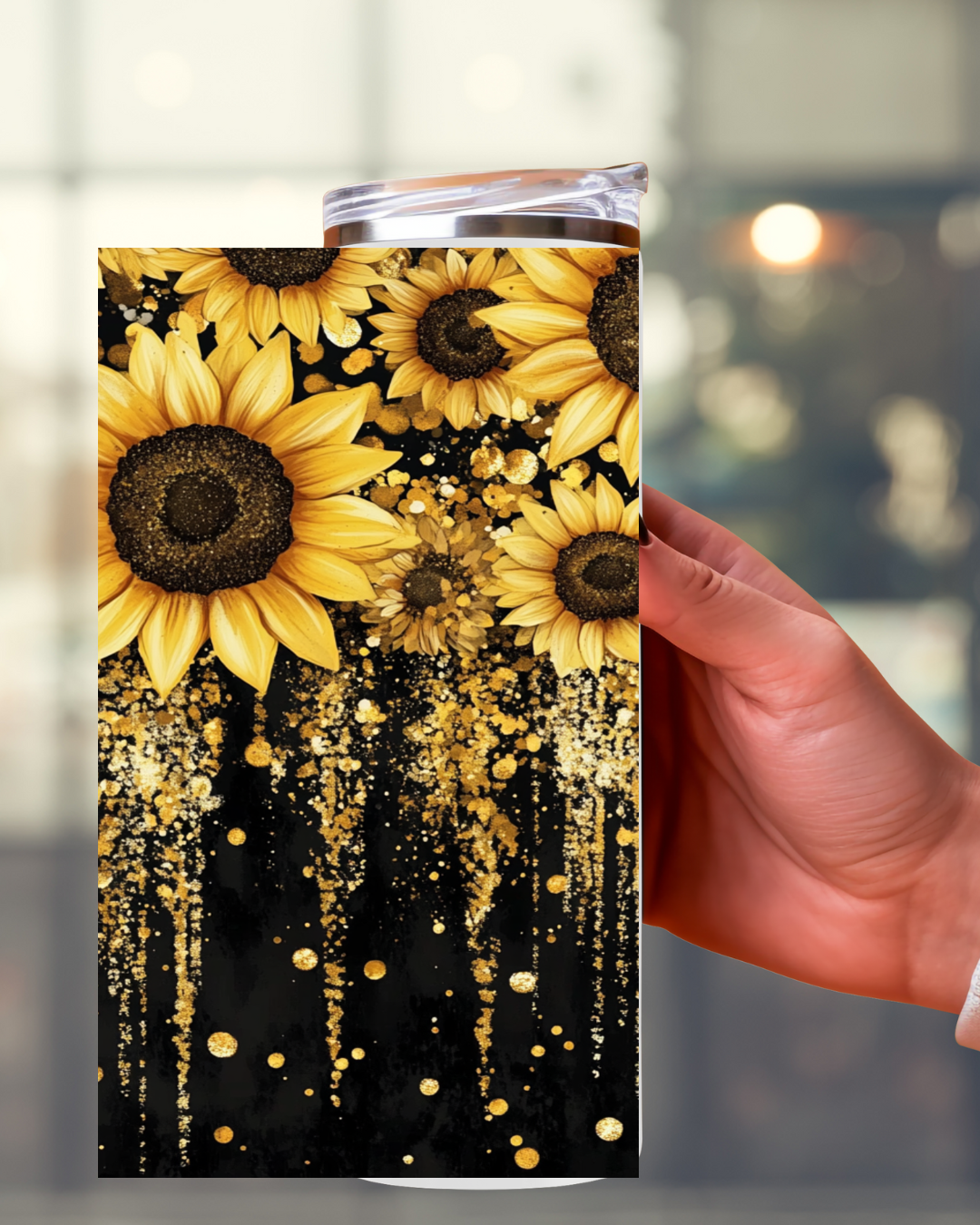 Tumbler mit Sonnenblumenmotiv und goldenem Glitzereffekt – Eleganz trifft auf Luxus