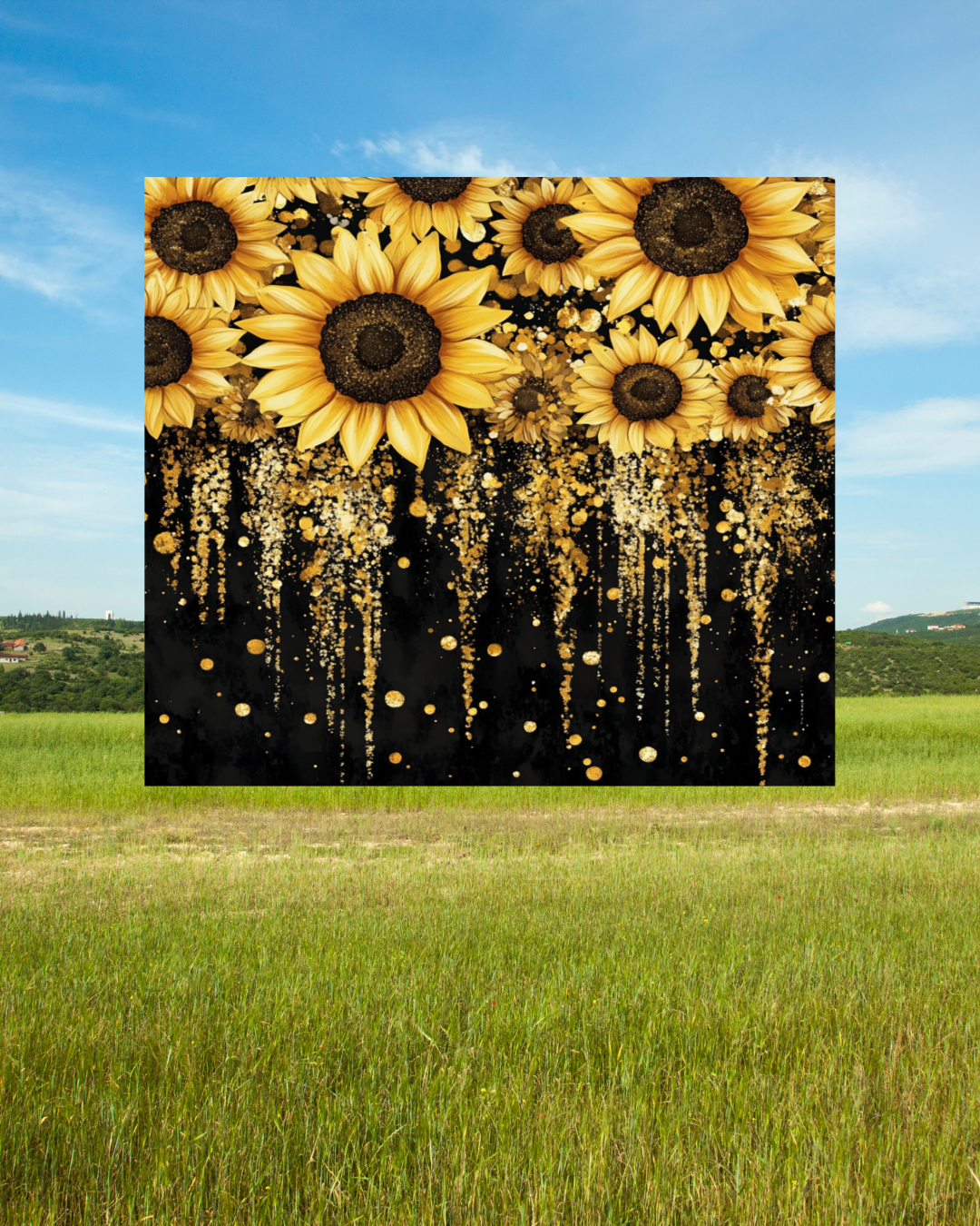 Tumbler mit Sonnenblumenmotiv und goldenem Glitzereffekt – Eleganz trifft auf Luxus