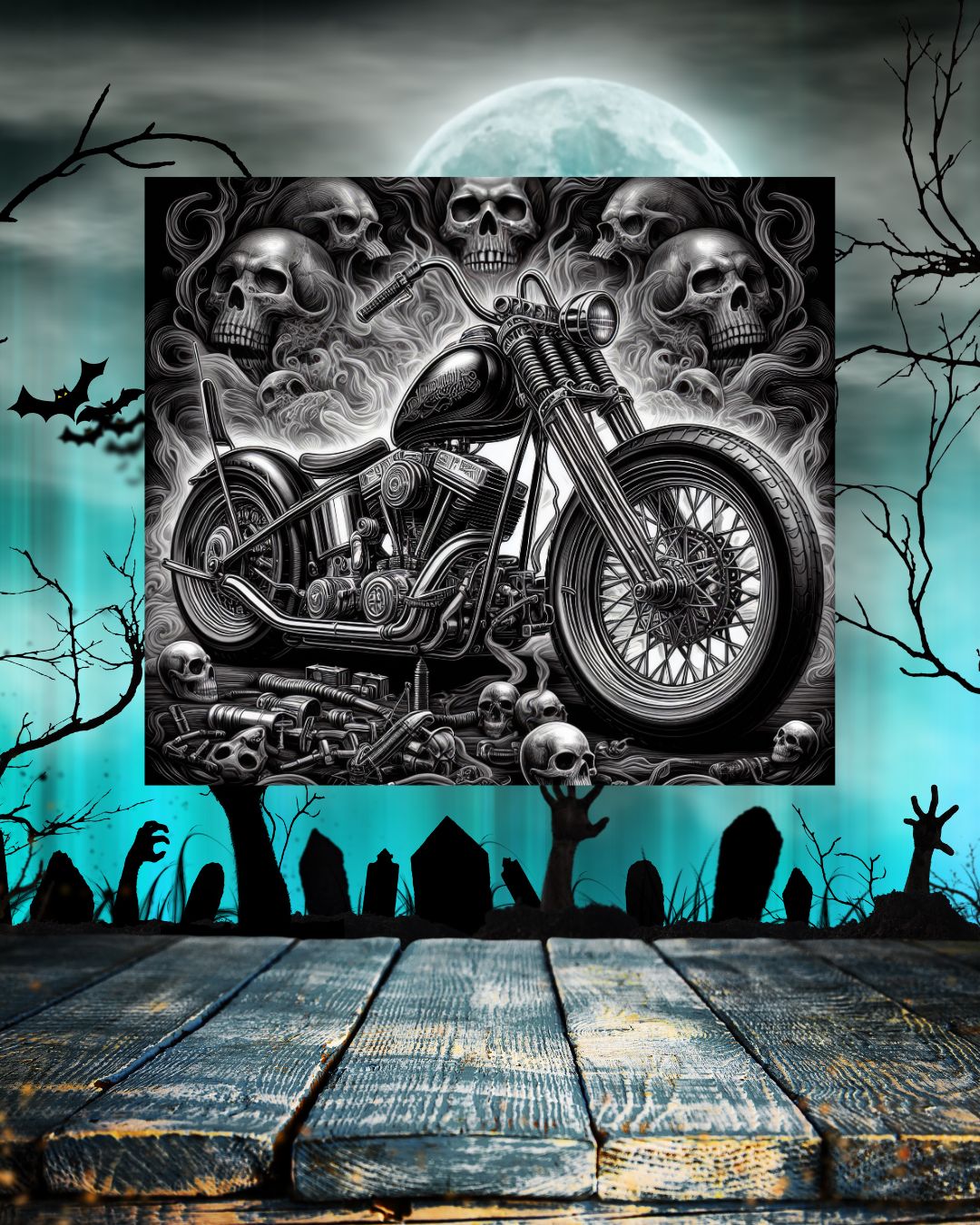 해골 오토바이가 그려진 공포 텀블러 - 바이커와 할로윈 팬을 위한 다크한 디자인