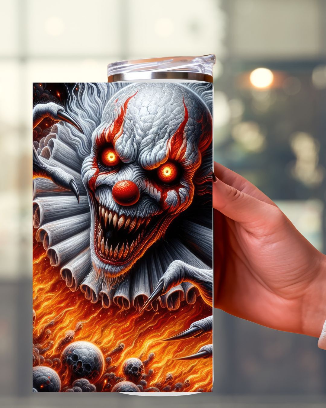 Horror Tumbler mit gruseligem Clown – Halloween Becher aus Edelstahl für echte Horror-Fans
