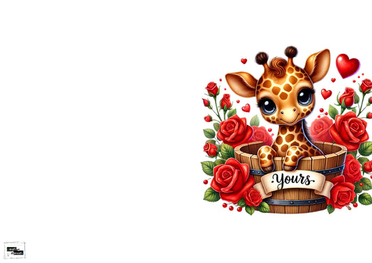Valentinskarte Giraffe „Yours“ zum Ausdrucken | Süße Liebeskarte mit Rosen & Herzen | Romantische PDF Karte | Digitaler Download