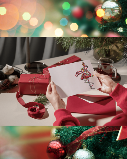Lustige Weihnachtskarte mit Flamingo & Lichterkette – Originelle Weihnachtskarte zum Sofort-Download