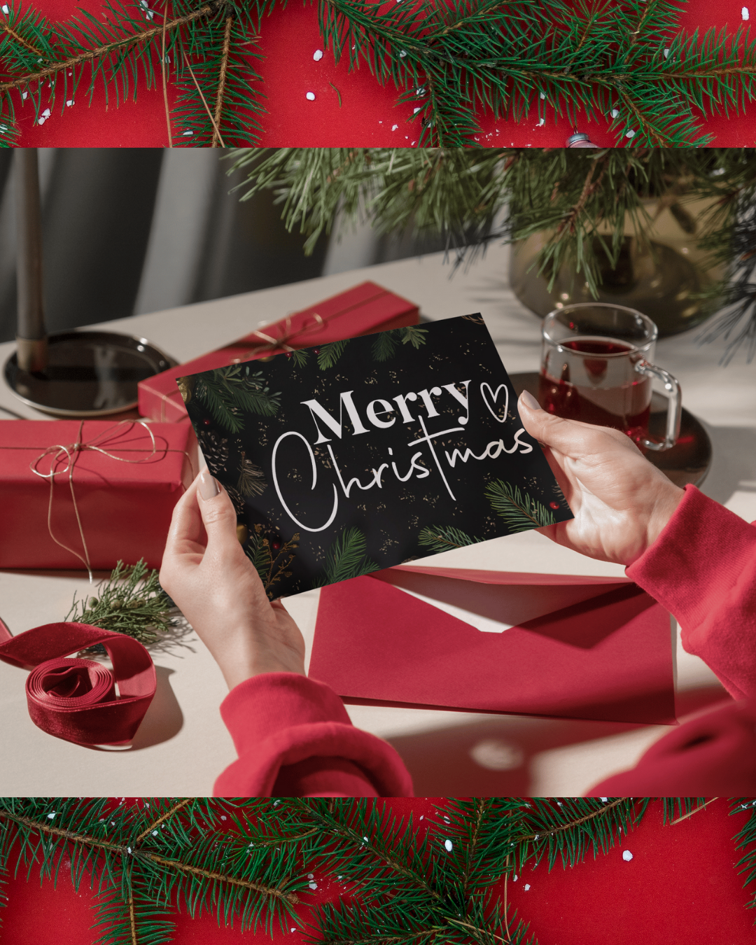 Edle Weihnachtskarte mit Tannenzweigen & Goldakzenten – Stilvolle Weihnachtskarte zum Sofort-Download