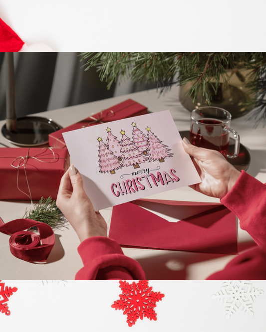 Weihnachtskarte Rosa DIN A5 – Moderne Merry Christmas Karte mit rosa Tannenbäumen | Weihnachtskarte mit Umschlag