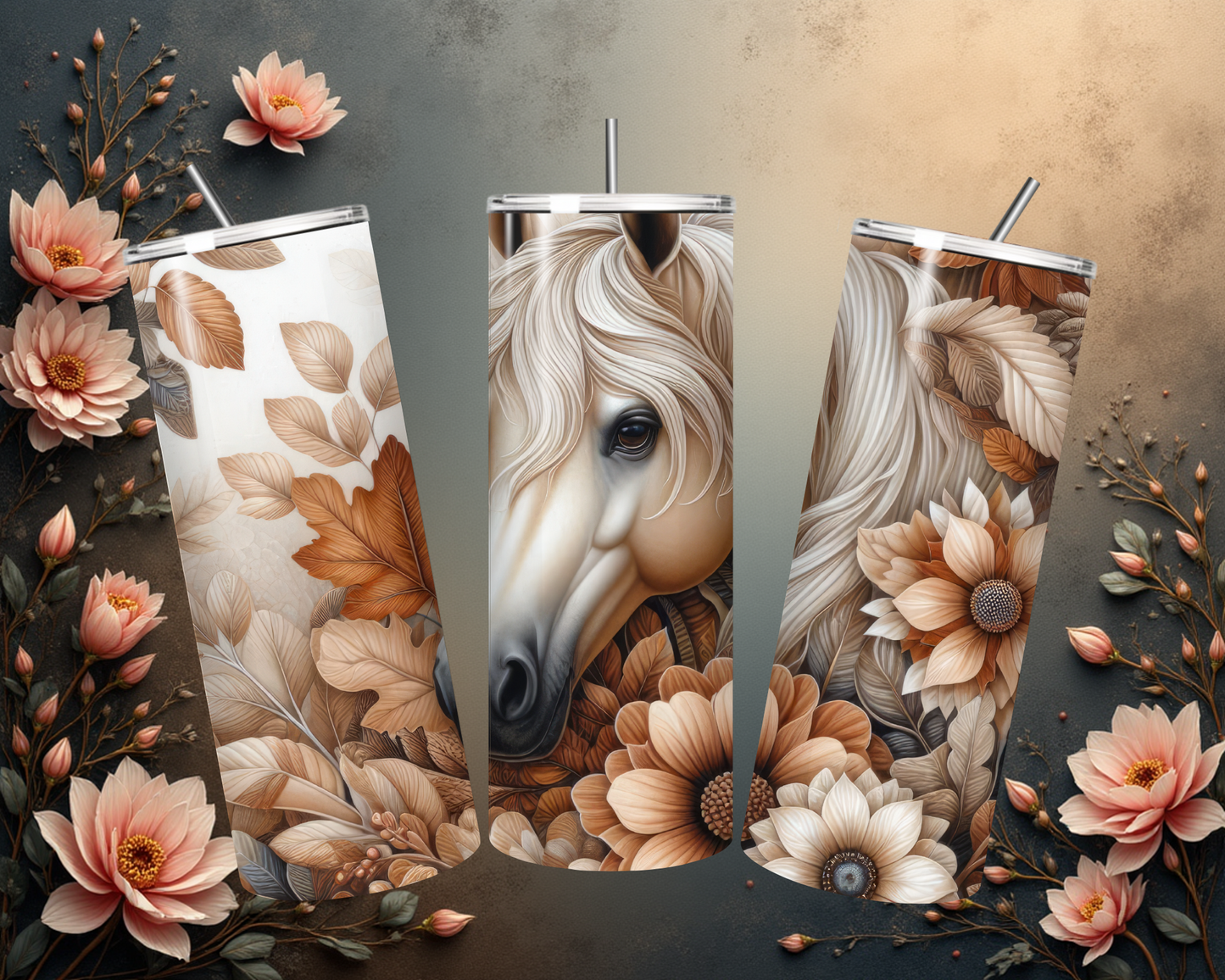 Tumbler mit detailreichem Pferdekopf und floralen Akzenten – Stilvoll und funktional
