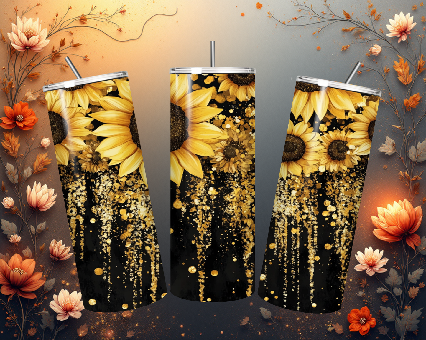 Tumbler mit Sonnenblumenmotiv und goldenem Glitzereffekt – Eleganz trifft auf Luxus