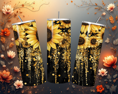 Tumbler mit Sonnenblumenmotiv und goldenem Glitzereffekt – Eleganz trifft auf Luxus