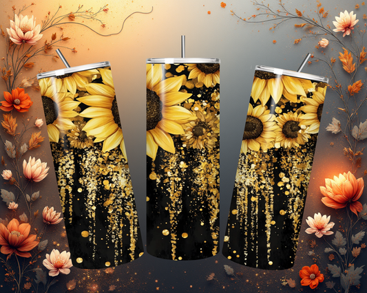 Tumbler mit Sonnenblumenmotiv und goldenem Glitzereffekt – Eleganz trifft auf Luxus