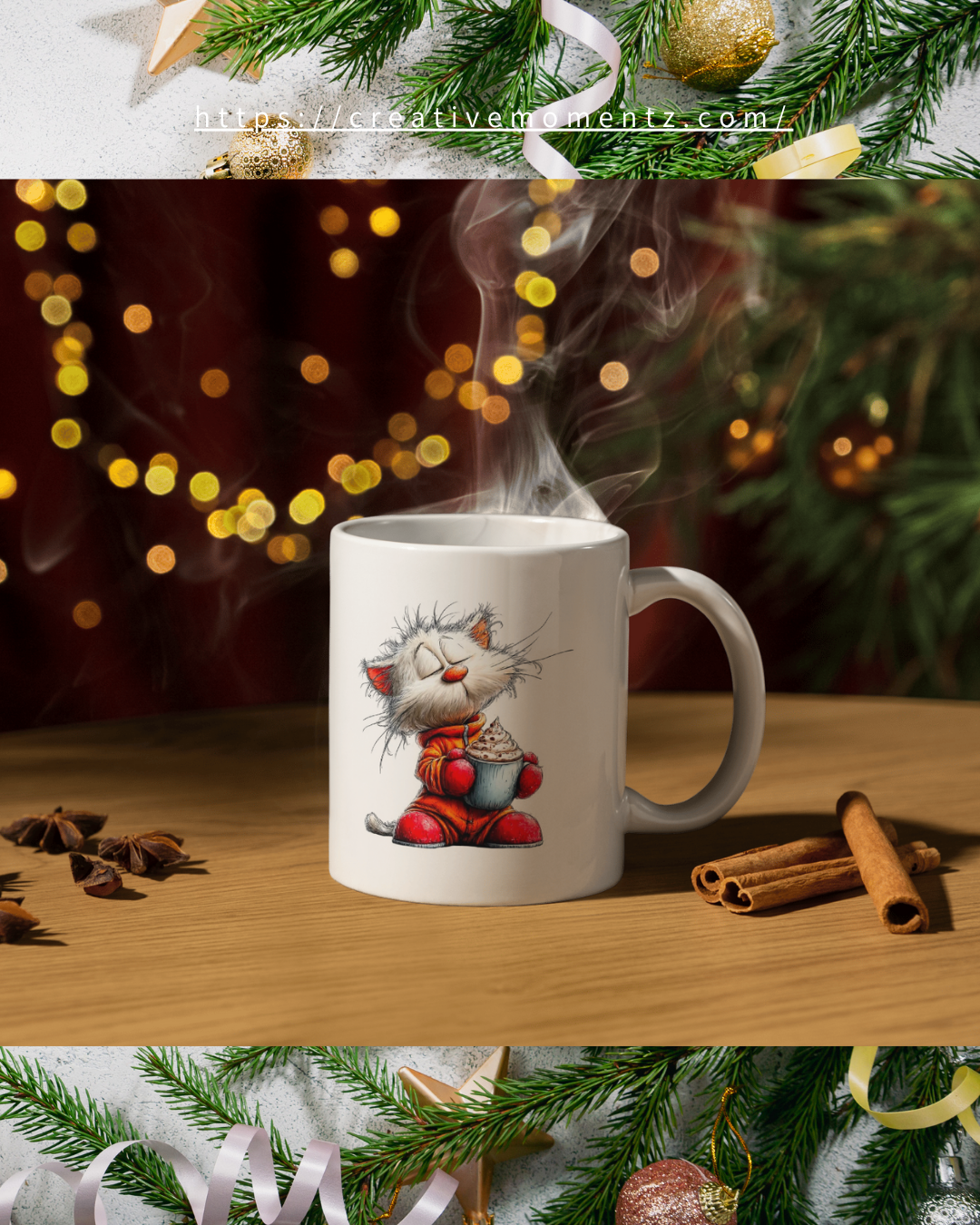 Weihnachtstasse mit süßer Katze & Kakao | Lustige Winter Tasse | Geschenk für Katzenliebhaber | Cozy Xmas Mug | Niedliche Weihnachtsgeschenk Idee