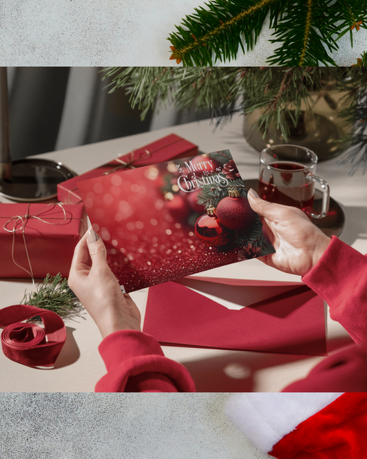 Weihnachtskarte Rot DIN A5 – Edle Merry Christmas Karte mit Christbaumkugeln Glitzer | Weihnachtskarte mit Umschlag
