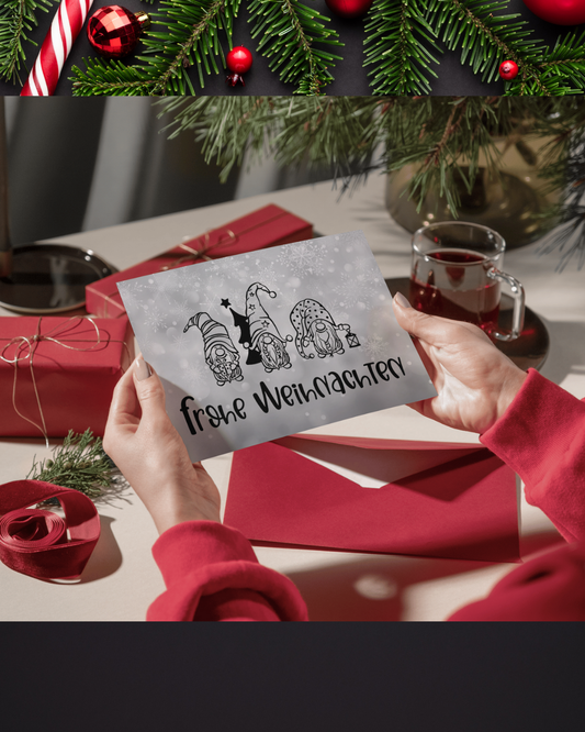 Schwarz-Weiße Weihnachtskarte mit Wichteln – Lustige Weihnachtskarte zum Sofort-Download