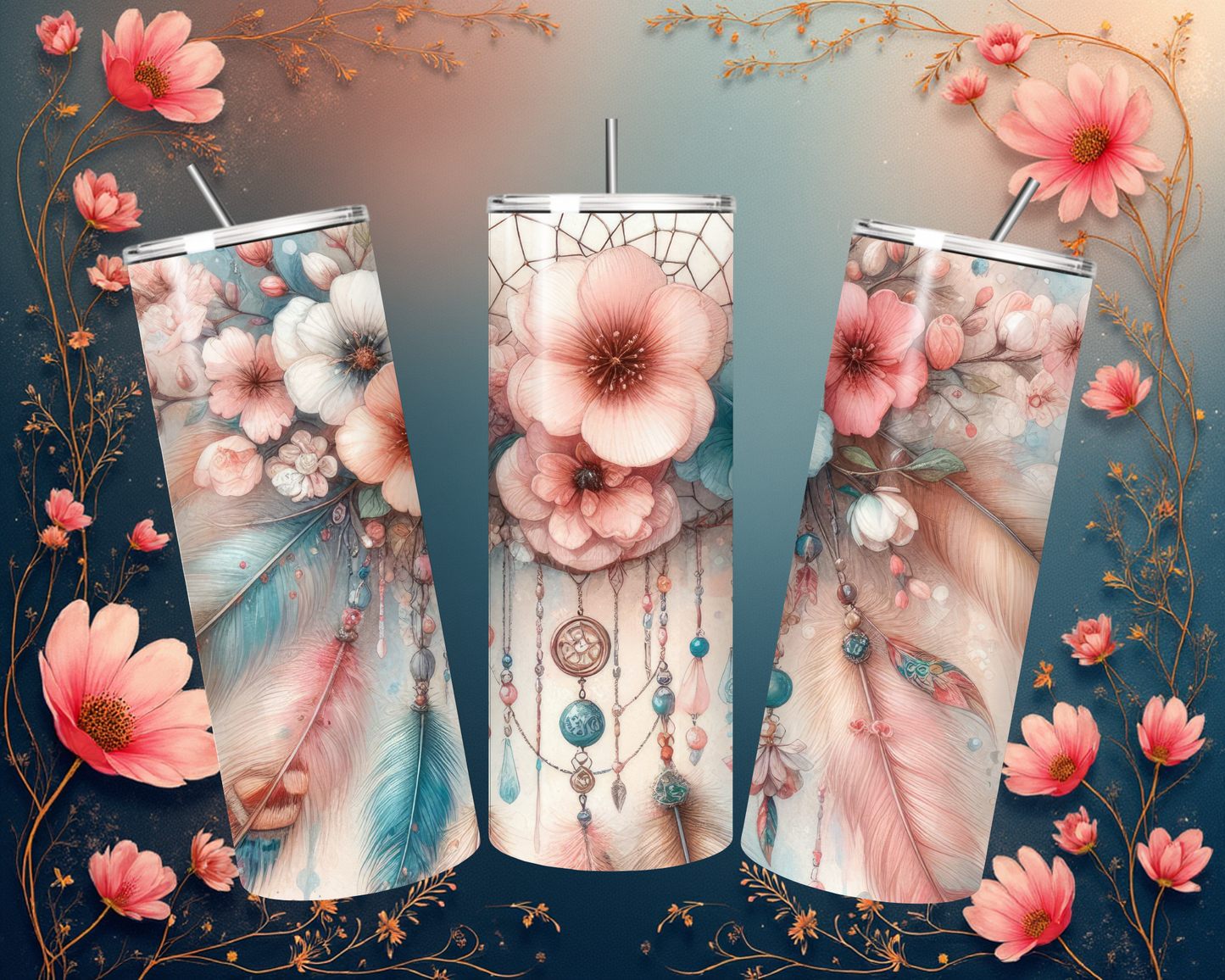 Natur Tumbler mit Blumen- und Traumfänger-Motiv – Stilvoll und praktisch für den Alltag