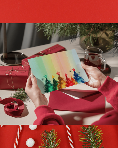 Bunte Weihnachtskarte mit Regenbogen-Tannenbäumen – Fröhliche Weihnachtskarte zum Sofort-Download
