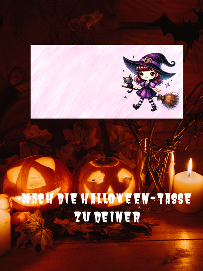 Süße Hexe Tasse mit Besen – Kawaii Halloween & Herbst Design, Geschenkidee für Hexenfans, Spülmaschinenfest  Mikrowellengeeignet