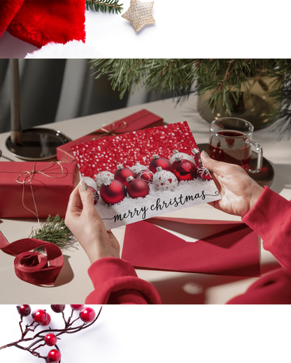 Weihnachtskarte Kugeln Rot-Weiß DIN A5 – Klassische Merry Christmas Karte mit Glitzer | Weihnachtskarte mit Umschlag