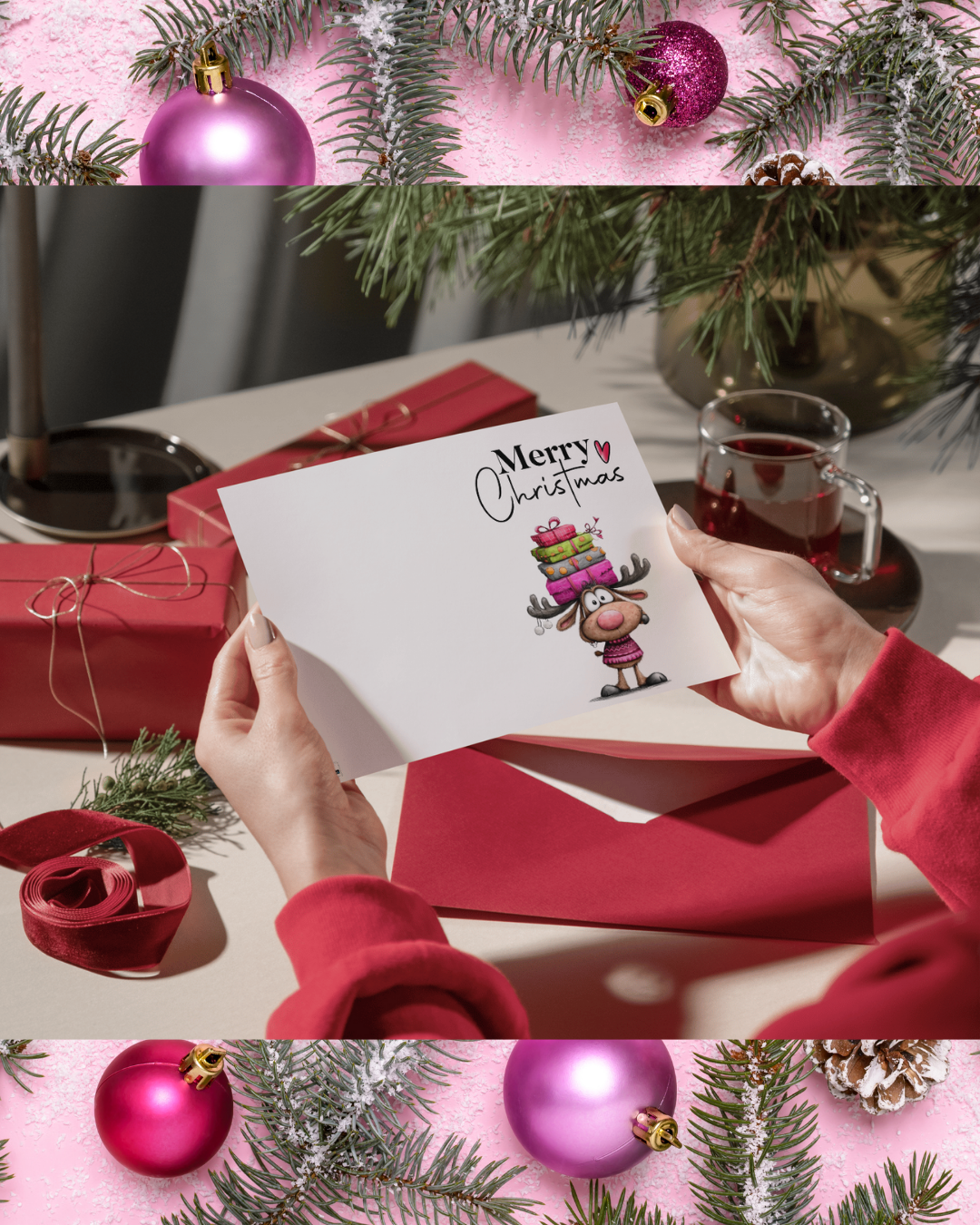 Weihnachtskarte Lustiges Rentier DIN A5 – Merry Christmas Karte mit Geschenken & Herzmotiv | Weihnachtskarte mit Umschlag