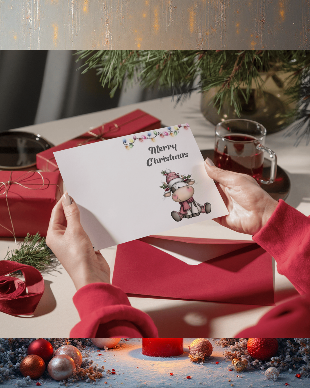 Lustige Weihnachtskarte mit Kuh – Weihnachtskarte zum Sofort-Download