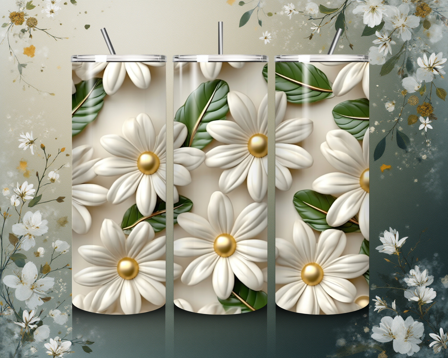 Eleganter Blumen Tumbler mit weißem Blumendesign – Stilvolles Accessoire für jeden Tag