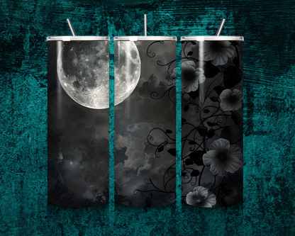 Gothic Tumbler mit Vollmond & Blumen – eleganter Edelstahl-Becher für Halloween & Fantasy-Fans