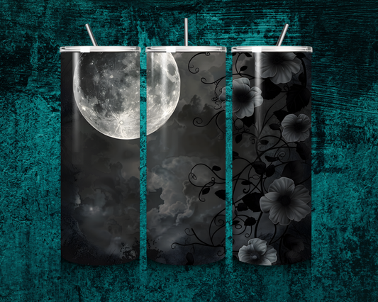 Gothic Tumbler mit Vollmond & Blumen – eleganter Edelstahl-Becher für Halloween & Fantasy-Fans