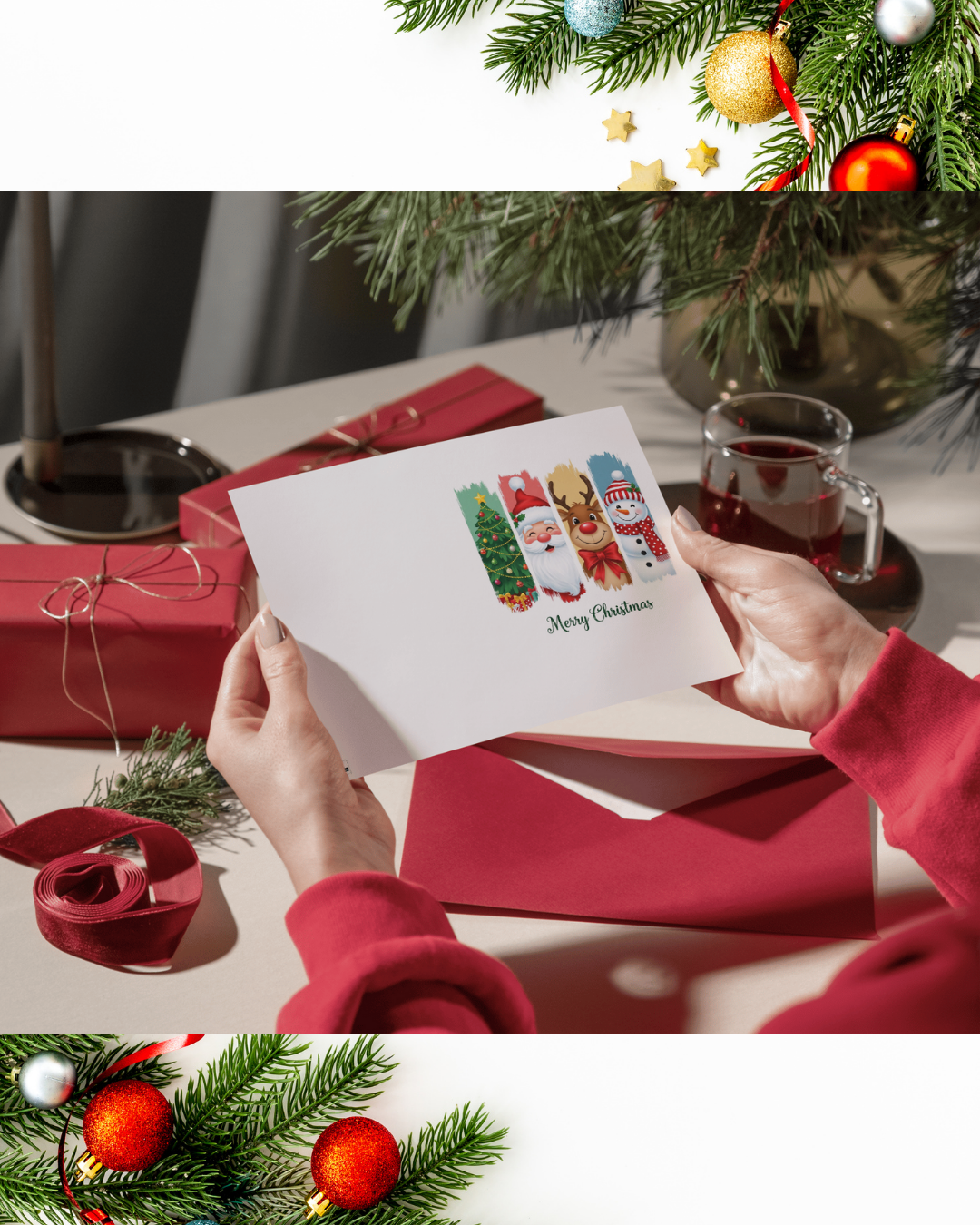 Fröhliche Weihnachtskarte mit Weihnachtsmann, Rentier & Schneemann – Lustige Weihnachtskarte zum Sofort-Download