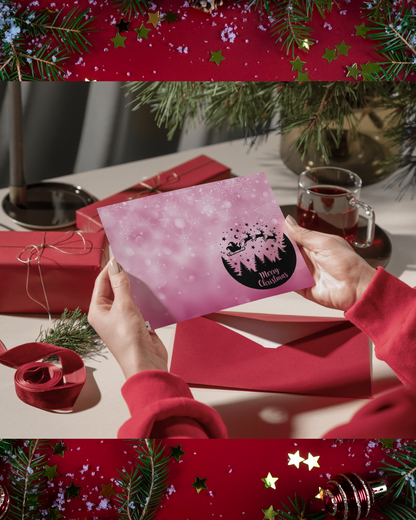 Pinke Weihnachtskarte mit Weihnachtsmann & Rentieren – Moderne Weihnachtskarte zum Sofort-Download