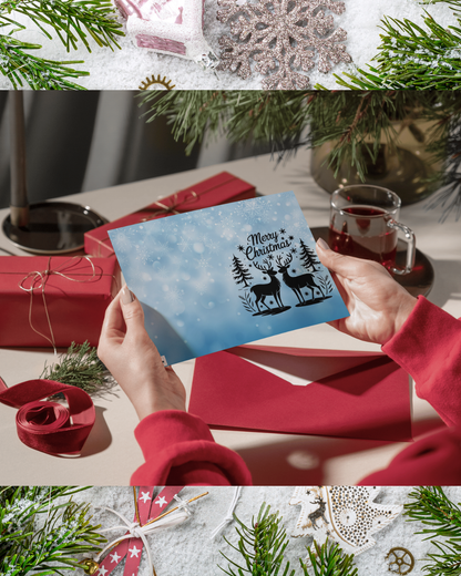 Blaue Weihnachtskarte mit Rentieren – Winterliche Weihnachtskarte zum Sofort-Download