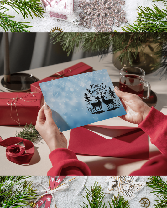 Blaue Weihnachtskarte mit Rentieren – Winterliche Weihnachtskarte zum Sofort-Download