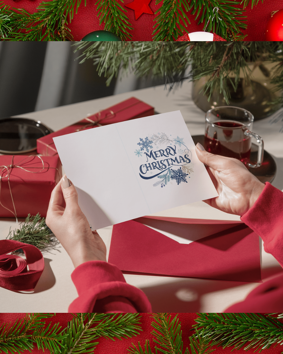 Elegante Weihnachtskarte mit Schneeflocken – Stilvolle Weihnachtskarte zum Sofort-Download