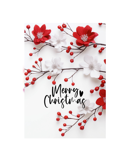 Elegante Weihnachtskarte mit roten & weißen Blüten – Stilvolle Weihnachtskarte zum Sofort-Download