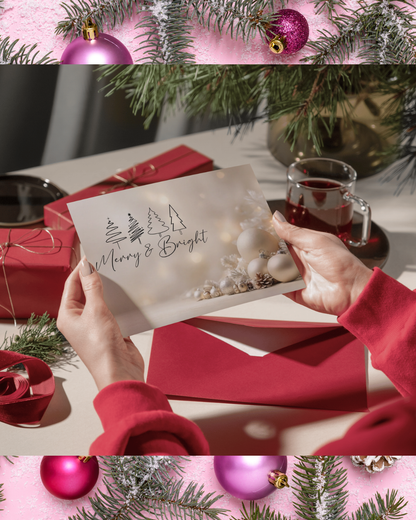 Weihnachtskarte Beige DIN A5 – Elegante Merry & Bright Karte mit Christbaumkugeln | Weihnachtskarte mit Umschlag