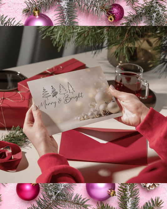 Weihnachtskarte Beige DIN A5 – Elegante Merry & Bright Karte mit Christbaumkugeln | Weihnachtskarte mit Umschlag