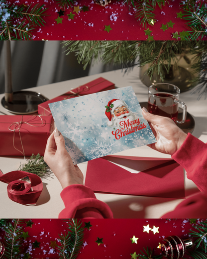 Weihnachtskarte Santa Claus DIN A5 – Klassische Merry Christmas Karte mit Weihnachtsmann &amp; Schneeflocken | Karte mit Umschlag