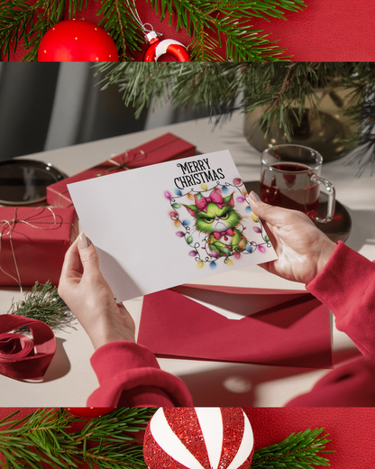 Weihnachtskarte Grinch Katze DIN A5 – Merry Christmas Karte mit bunter Lichterkette und Grumpy Cat Look | Weihnachtskarte mit Umschlag