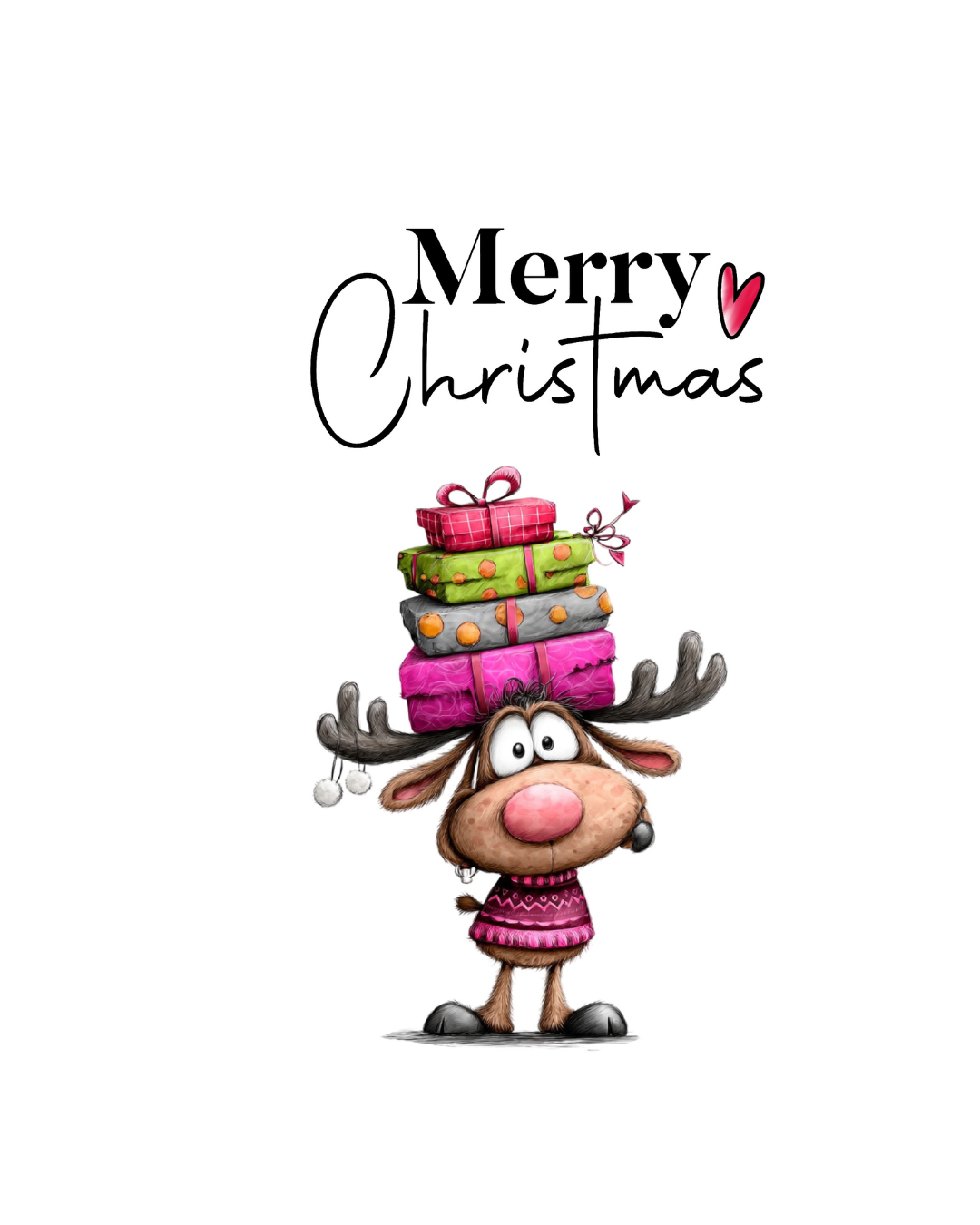 Weihnachtskarte Lustiges Rentier DIN A5 – Merry Christmas Karte mit Geschenken & Herzmotiv | Weihnachtskarte mit Umschlag