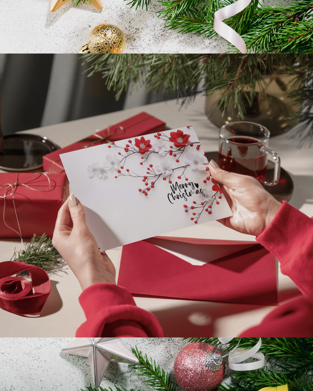 Elegante Weihnachtskarte mit roten & weißen Blüten – Stilvolle Weihnachtskarte zum Sofort-Download