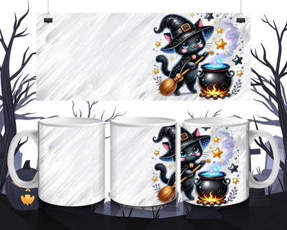 Kawaii Tasse Katze mit Hexenhut & Zauberkessel | Halloween Keramiktasse 330 ml | Geschenkidee für Katzen-  Herbstfans