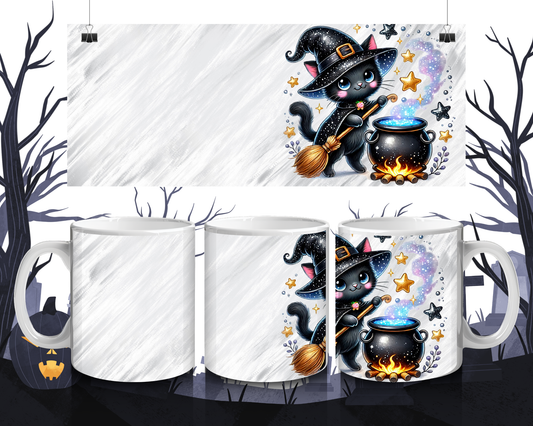 Kawaii Tasse Katze mit Hexenhut & Zauberkessel | Halloween Keramiktasse 330 ml | Geschenkidee für Katzen-  Herbstfans