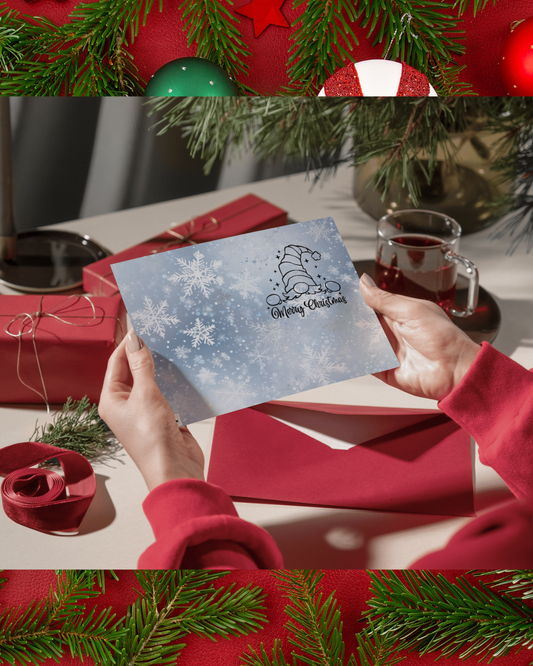 Weihnachtskarte Wichtel DIN A5 – Lustige Merry Christmas Karte mit Schneeflocken | Weihnachtskarte mit Umschlag