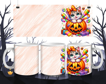 Kawaii Tasse Katzenmädchen im Halloween-Kürbis | Süße Keramiktasse 330 ml | Geschenkidee für Katzen- & Halloweenfans