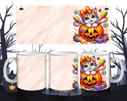 Kawaii Tasse Katzenmädchen im Halloween-Kürbis | Süße Keramiktasse 330 ml | Geschenkidee für Katzen- & Halloweenfans