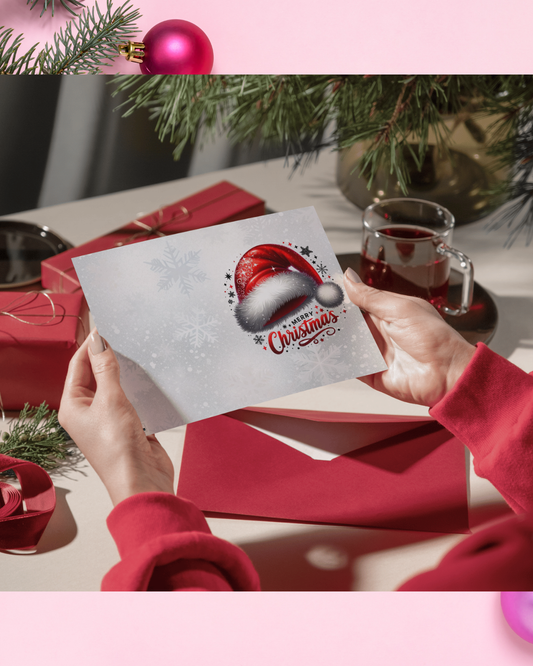 Weihnachtskarte Weihnachtsmütze DIN A5 – Klassische Merry Christmas Karte mit Schneeflocken | Weihnachtskarte mit Umschlag