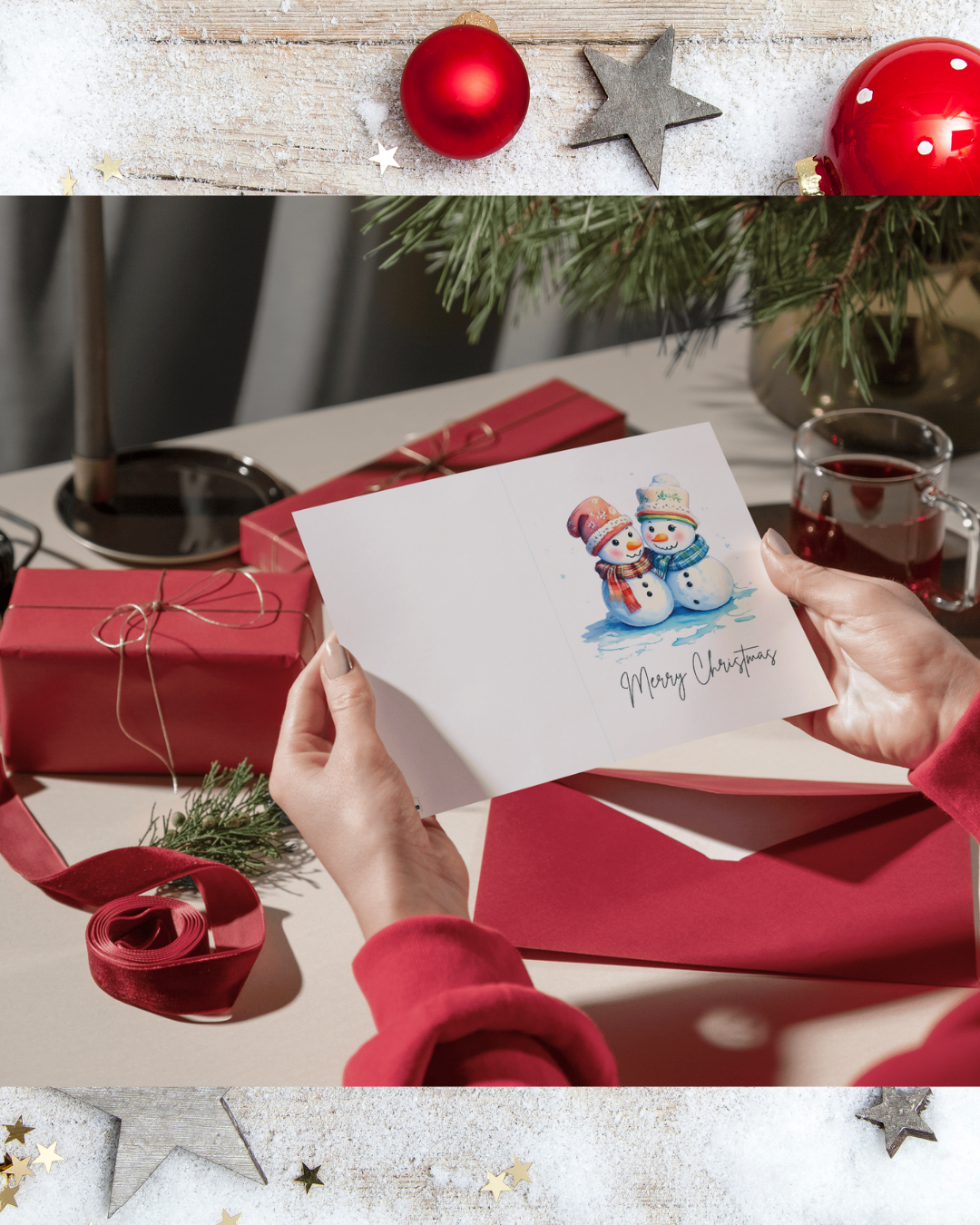 Weihnachtskarte Schneemann-Paar DIN A5 – Niedliche Merry Christmas Karte mit zwei Schneemännern | Weihnachtskarte mit Umschlag