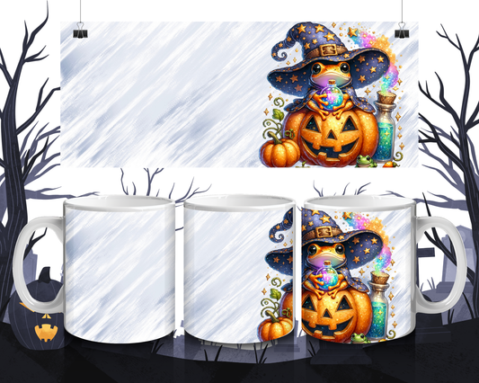 Kawaii Tasse Frosch im Kürbis mit Zauberhut | Halloween Keramiktasse 330 ml | Süßes Geschenk für Kinder & Tierfans