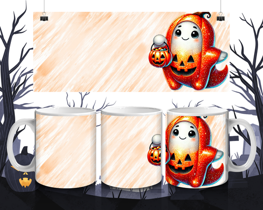 Kawaii Tasse Geist im Kürbiskostüm | Halloween Keramiktasse 330 ml | Süßes Geschenk für Kinder & Erwachsene