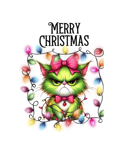 Weihnachtskarte Grinch Katze DIN A5 – Merry Christmas Karte mit bunter Lichterkette und Grumpy Cat Look | Weihnachtskarte mit Umschlag