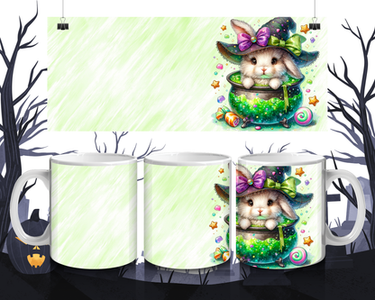 Kawaii Tasse Hase im Zaubertopf mit Hut | Magische Keramiktasse 330 ml | Süßes Geschenk für Kinder, Tier- & Herbstfans